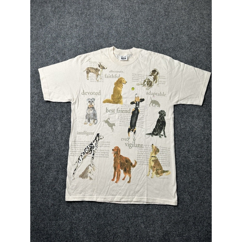 Mens Graphic 2003 Relevant Products Dogs Print Beige Cotton Tee, Size L
